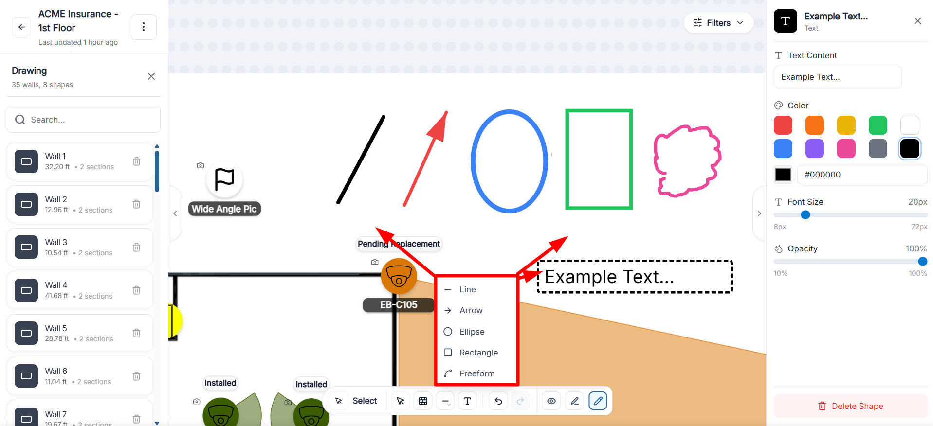 Draw mode shape tools including line, arrow, ellipse, rectangle, freeform, and text