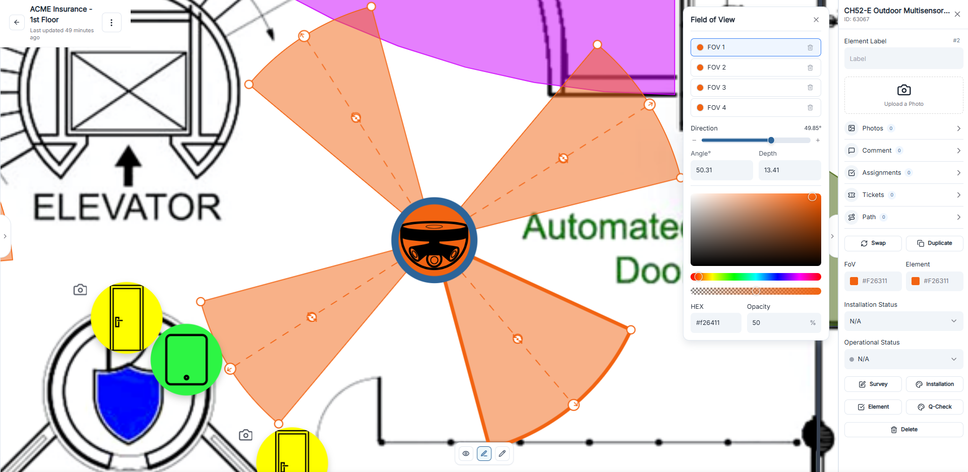 FoV menu showing multiple FoV entries and Add FoV action