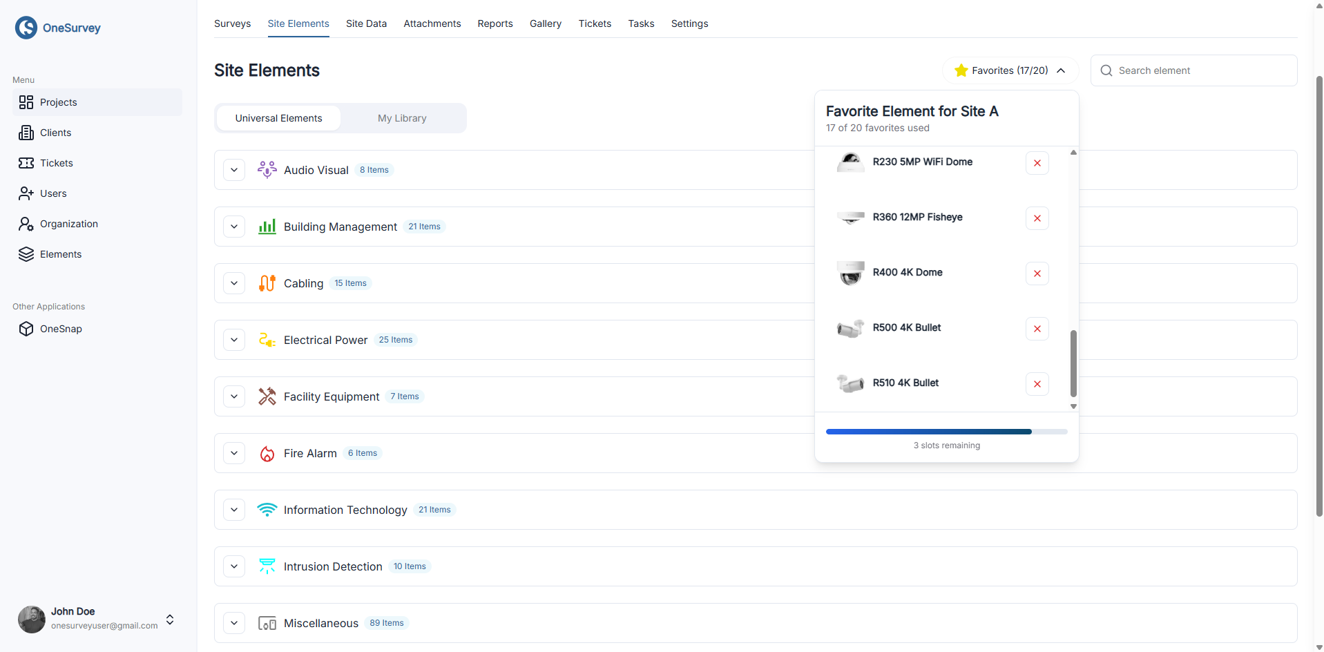 Site Elements library view