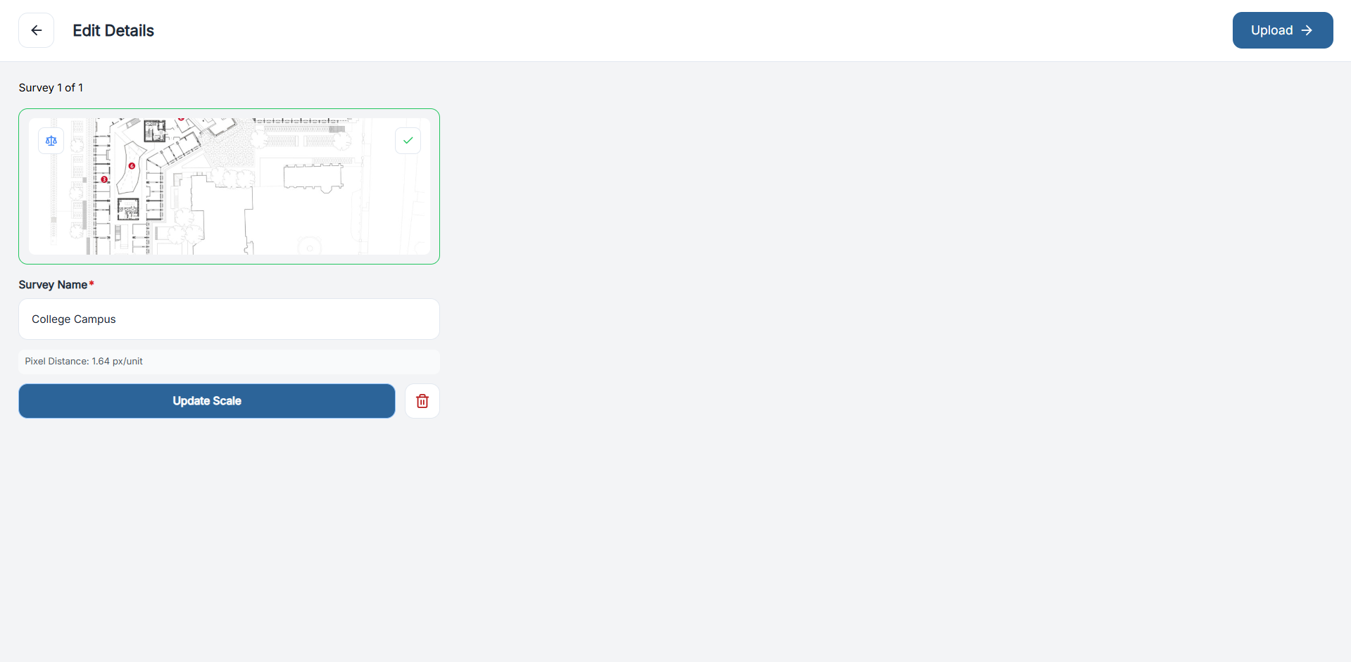 Edit details view showing survey name and scale status before upload